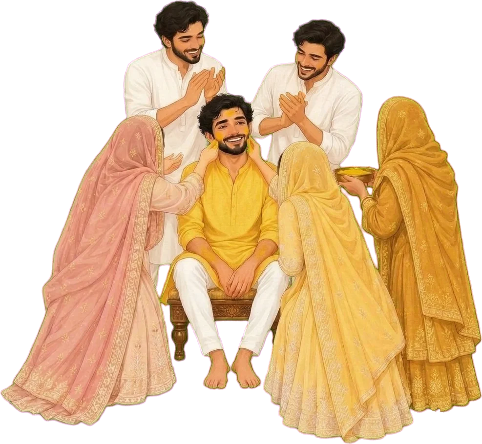 Painting: Faiz seated in a yellow kurta while the women of the family apply haldi, two friends clapping behind him