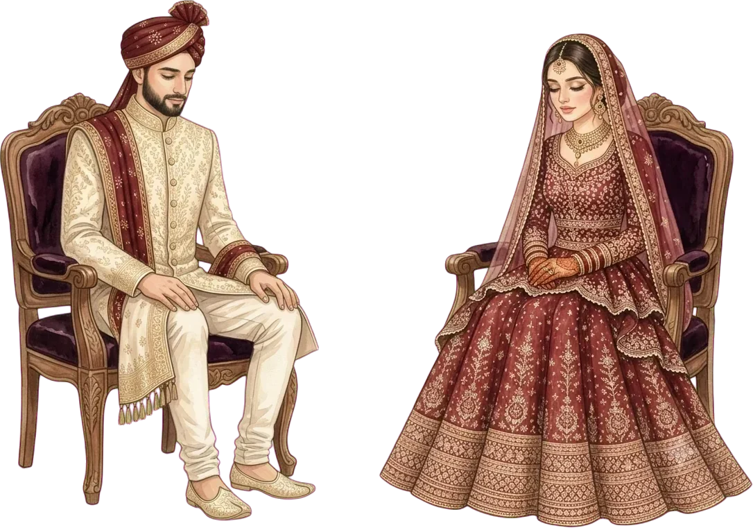 Painting: the groom and the bride seated apart, each in a carved chair