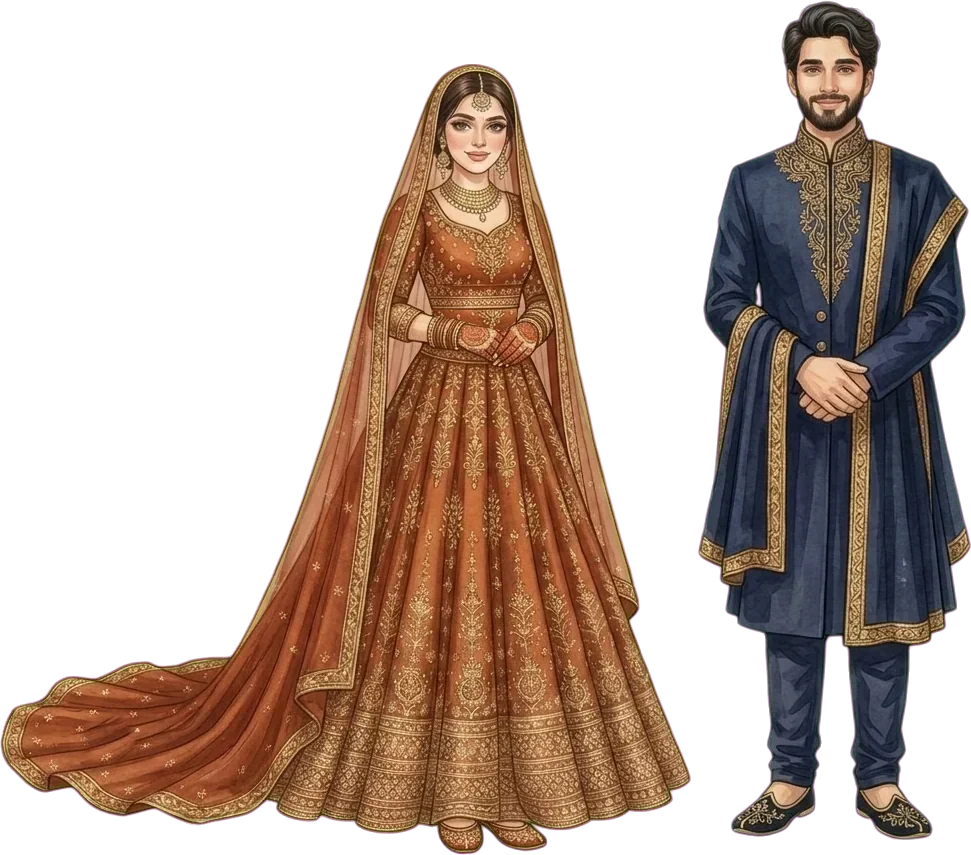 Painting: the couple standing apart, the bride in a rust lehenga and Faiz in a navy sherwani